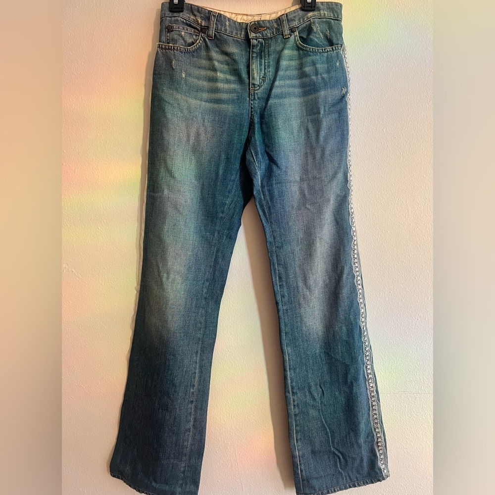 Blumarine Italy Blue Boot Cut Jeans with Embroidery Crystal Sequins Waist 30” - Picture 5 of 13